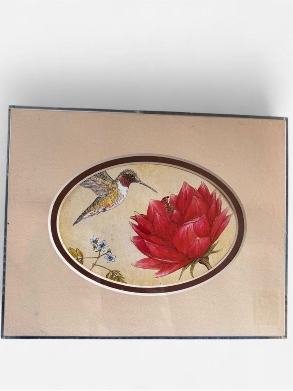 Vintage Red Hummingbird Floral Art Print with Oval Mat